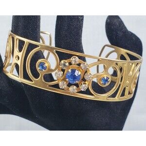 Vintage 1940's Open Work Blue Crystal Gold Cuff Bracelet Crystal Rhinestone Demi